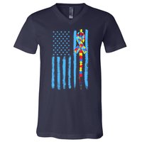 Autism Awareness Puzzle American Flag V-Neck T-Shirt