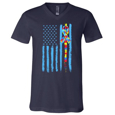 Autism Awareness Puzzle American Flag V-Neck T-Shirt