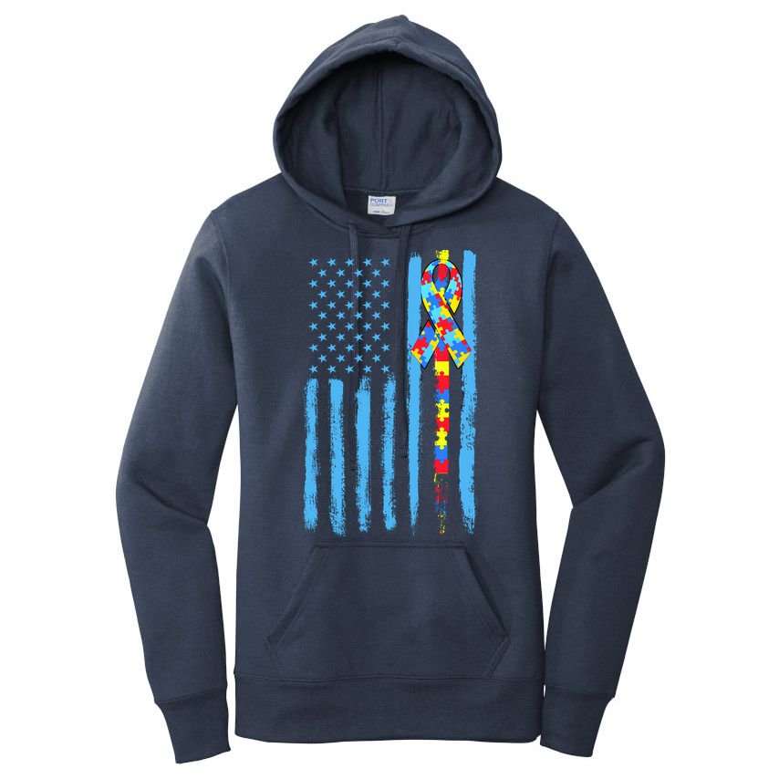 Autism Awareness Puzzle American Flag Women's Pullover Hoodie