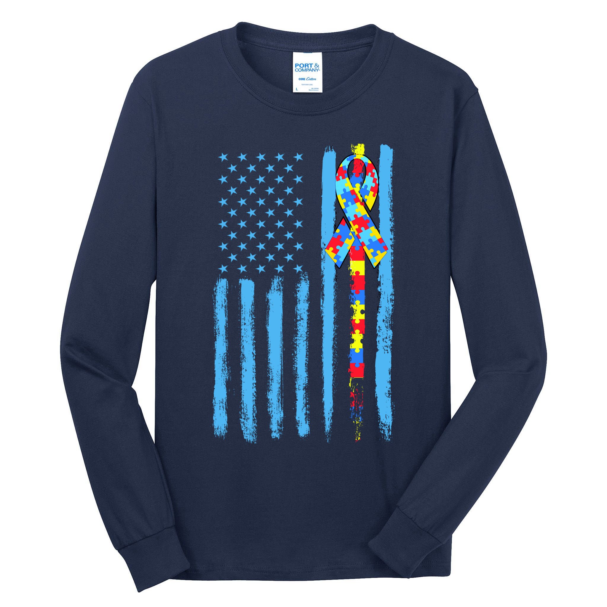 Autism Awareness Puzzle American Flag Tall Long Sleeve T-Shirt