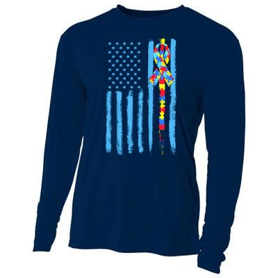 Autism Awareness Puzzle American Flag Cooling Performance Long Sleeve Crew