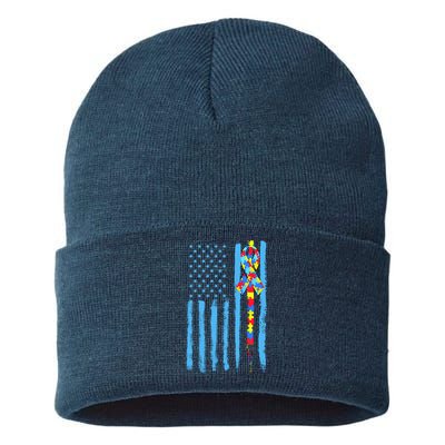 Autism Awareness Puzzle American Flag Sustainable Knit Beanie