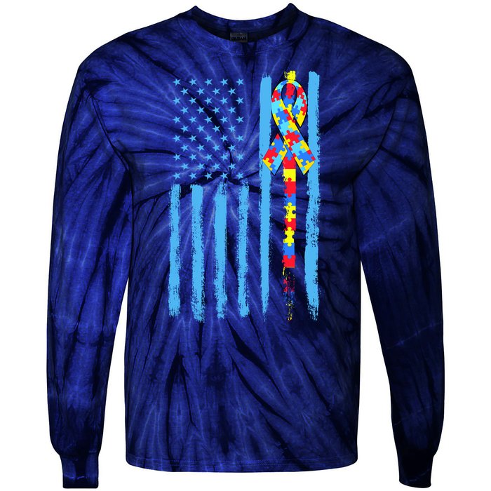 Autism Awareness Puzzle American Flag Tie-Dye Long Sleeve Shirt