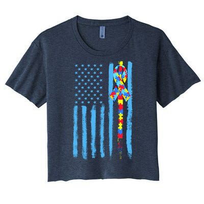 Autism Awareness Puzzle American Flag Women's Crop Top Tee