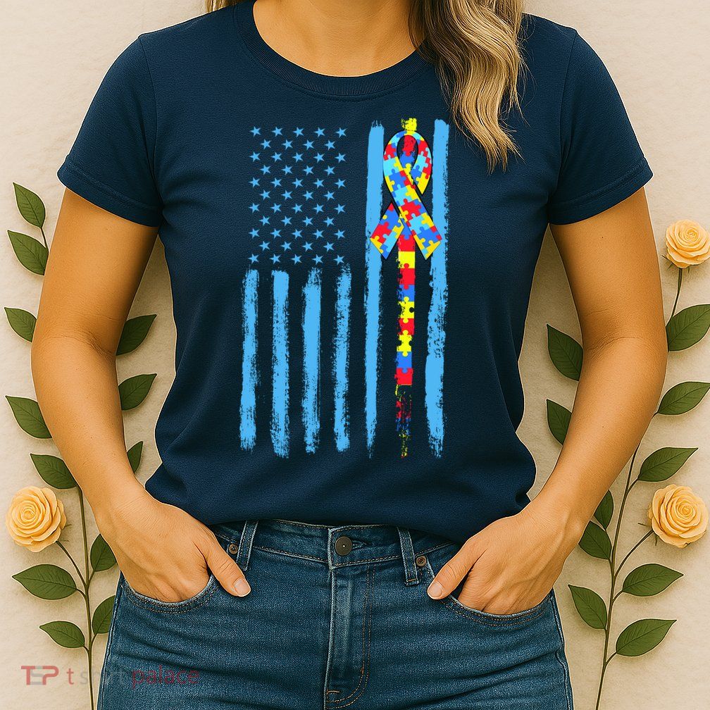 Autism Awareness Puzzle American Flag Womens T-Shirt