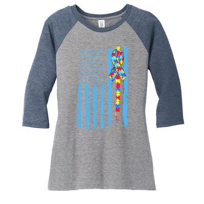 Autism Awareness Puzzle American Flag Women's Tri-Blend 3/4-Sleeve Raglan Shirt