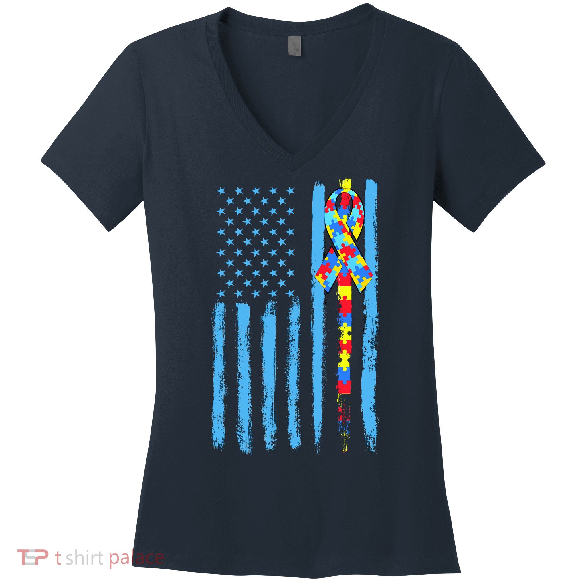 Autism Awareness Puzzle American Flag Women's V-Neck T-Shirt