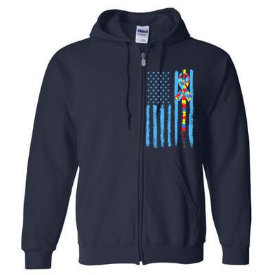 Autism Awareness Puzzle American Flag Full Zip Hoodie