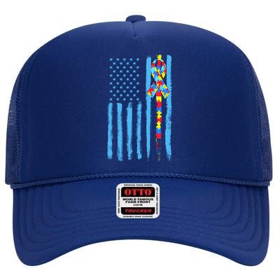 Autism Awareness Puzzle American Flag High Crown Mesh Back Trucker Hat