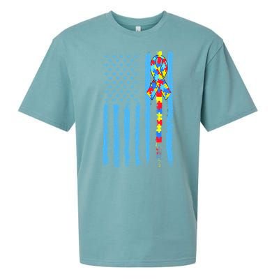 Autism Awareness Puzzle American Flag Sueded Cloud Jersey T-Shirt