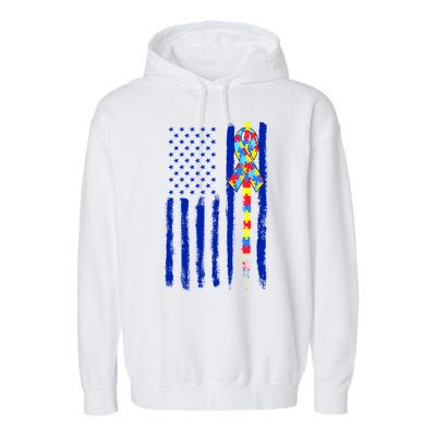 Autism Awareness Puzzle American Flag Garment-Dyed Fleece Hoodie