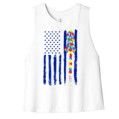 Autism Awareness Puzzle American Flag Women's Racerback Cropped Tank