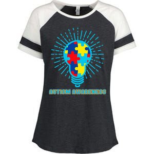 Autism Awareness Puzzle Light Bulb Enza Ladies Jersey Colorblock Tee