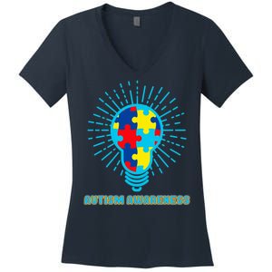 Autism Awareness Puzzle Light Bulb Women's V-Neck T-Shirt