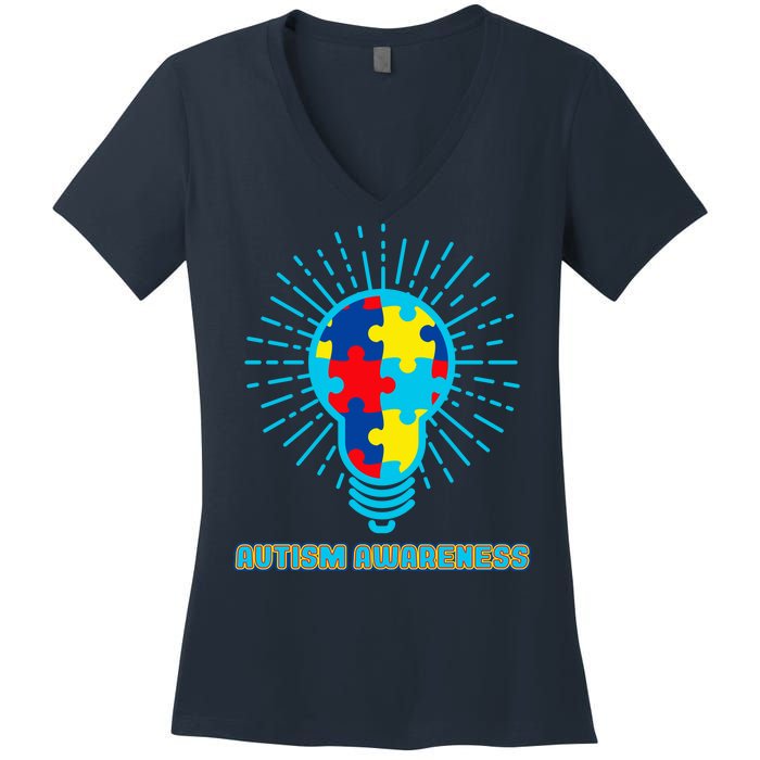 Autism Awareness Puzzle Light Bulb Women's V-Neck T-Shirt