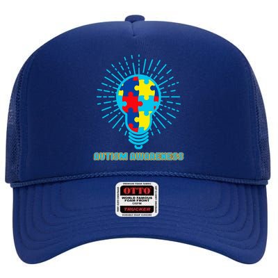 Autism Awareness Puzzle Light Bulb High Crown Mesh Back Trucker Hat