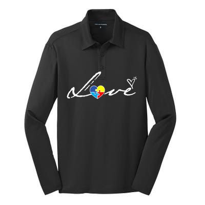 Autism Awareness Puzzle Piece Heart Silk Touch Performance Long Sleeve Polo