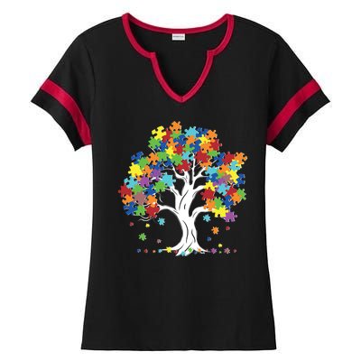 Autism Awareness Puzzle Piece Tree Ladies Halftime Notch Neck Tee