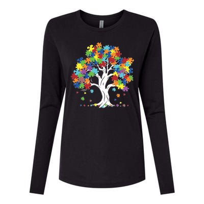 Autism Awareness Puzzle Piece Tree Womens Cotton Relaxed Long Sleeve T-Shirt