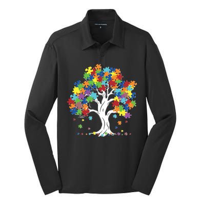 Autism Awareness Puzzle Piece Tree Silk Touch Performance Long Sleeve Polo