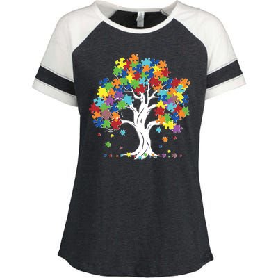 Autism Awareness Puzzle Piece Tree Enza Ladies Jersey Colorblock Tee