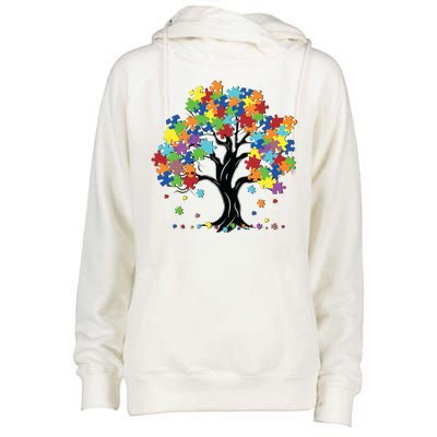 Autism Awareness Puzzle Piece Tree Womens Funnel Neck Pullover Hood