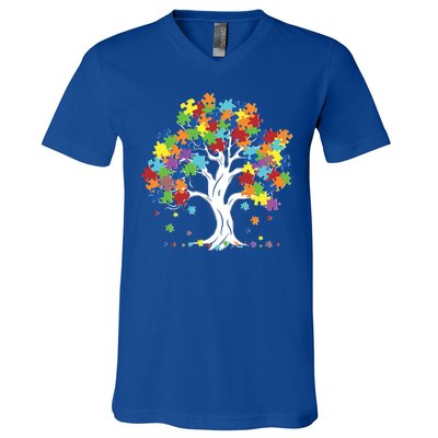 Autism Awareness Puzzle Piece Tree V-Neck T-Shirt