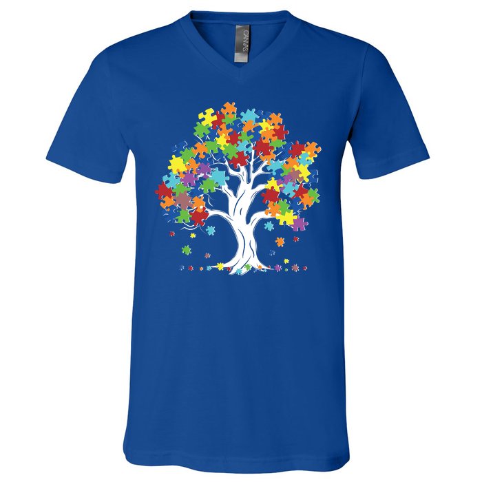 Autism Awareness Puzzle Piece Tree V-Neck T-Shirt