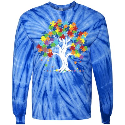 Autism Awareness Puzzle Piece Tree Tie-Dye Long Sleeve Shirt