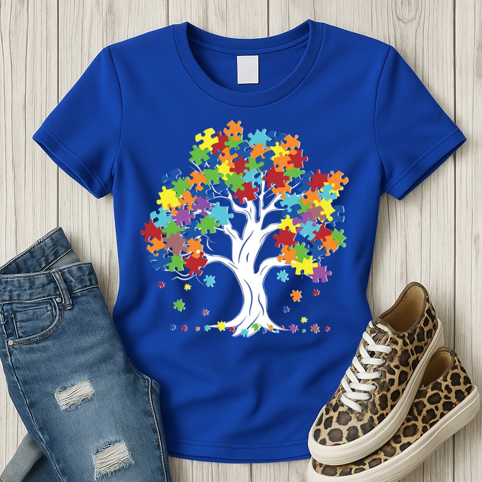 Autism Awareness Puzzle Piece Tree Womens T-Shirt