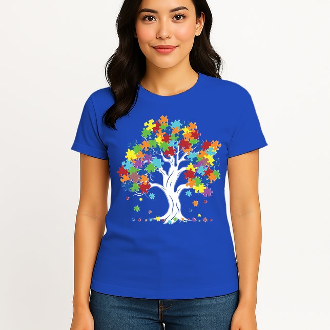 Autism Awareness Puzzle Piece Tree Womens T-Shirt