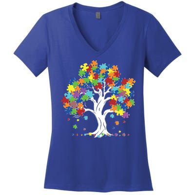 Autism Awareness Puzzle Piece Tree Women's V-Neck T-Shirt