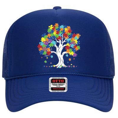 Autism Awareness Puzzle Piece Tree High Crown Mesh Back Trucker Hat