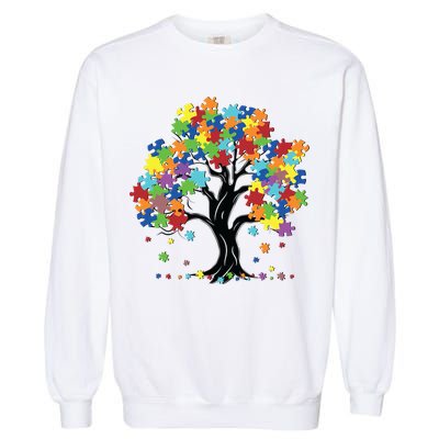 Autism Awareness Puzzle Piece Tree Garment-Dyed Sweatshirt
