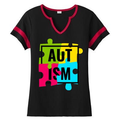 Autism Awareness Puzzle Pieces Ladies Halftime Notch Neck Tee