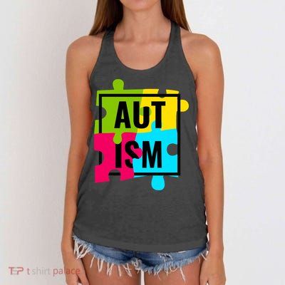 Autism Awareness Puzzle Pieces Women's Knotted Racerback Tank