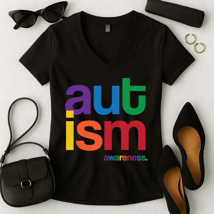 Autism Awareness Rainbow Letters Women's V-Neck T-Shirt