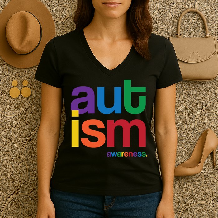Autism Awareness Rainbow Letters Women's V-Neck T-Shirt