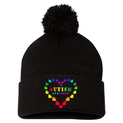 Autism Awareness Rainbow Puzzles Of Love Pom Pom 12in Knit Beanie