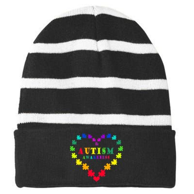 Autism Awareness Rainbow Puzzles Of Love Striped Beanie with Solid Band