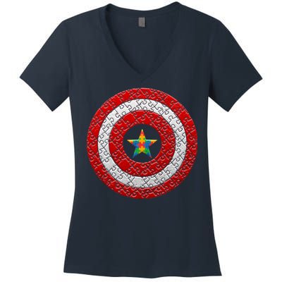 Autism Awareness Star Hero Shield Women's V-Neck T-Shirt