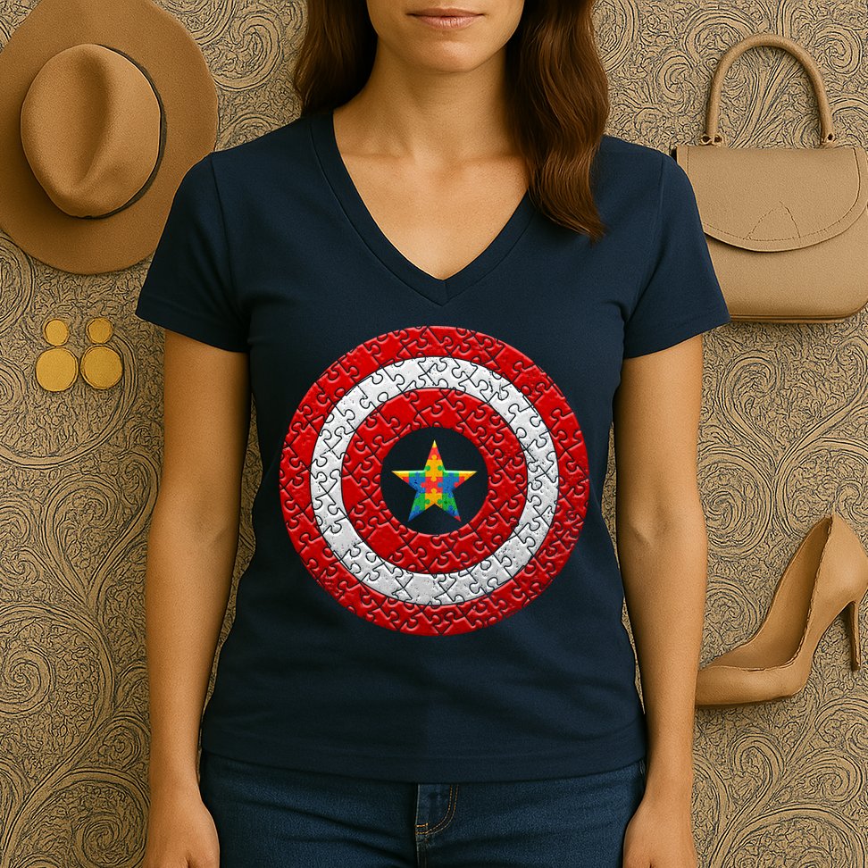 Autism Awareness Star Hero Shield Women's V-Neck T-Shirt
