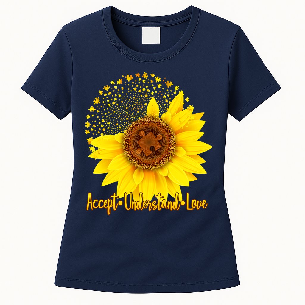 Autism Awareness Sunflower Puzzle Womens T-Shirt