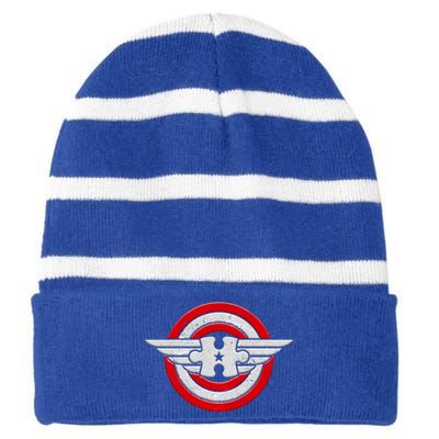 Autism Awareness Superhero Shield Crest Striped Beanie with Solid Band