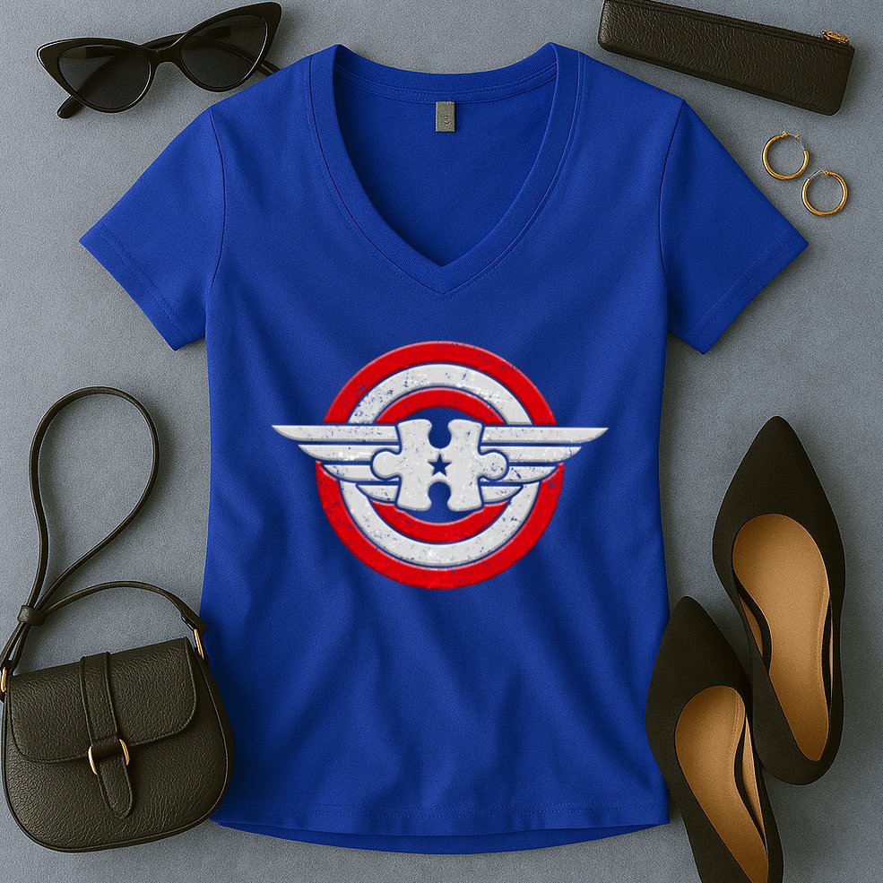 Autism Awareness Superhero Shield Crest Women's V-Neck T-Shirt