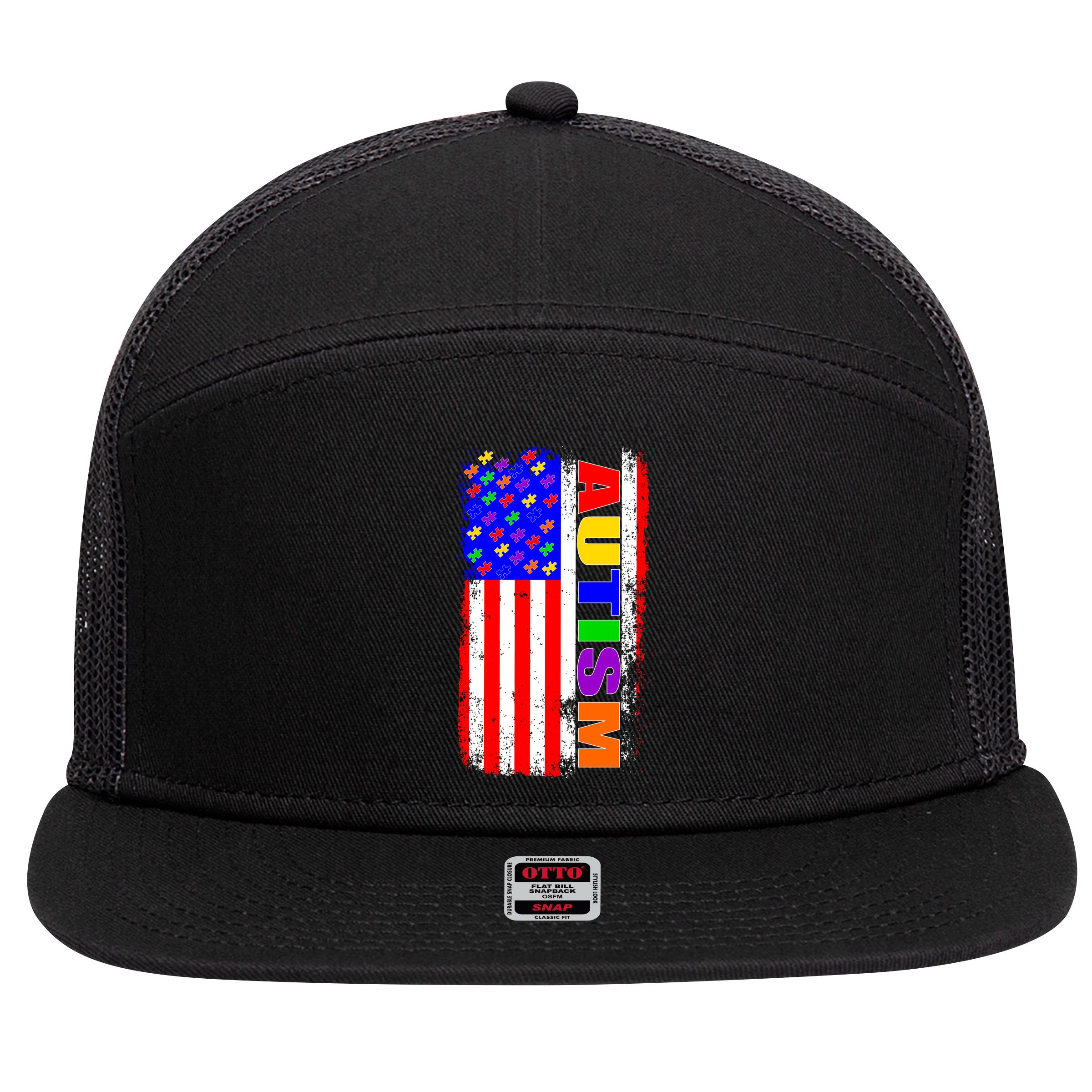Autism Awareness USA Puzzle Rainbow Flag 7 Panel Mesh Trucker Snapback Hat