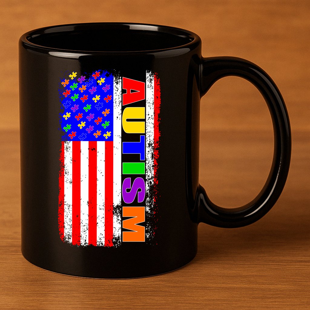 Autism Awareness USA Puzzle Rainbow Flag 11oz C Handle Ceramic Mug