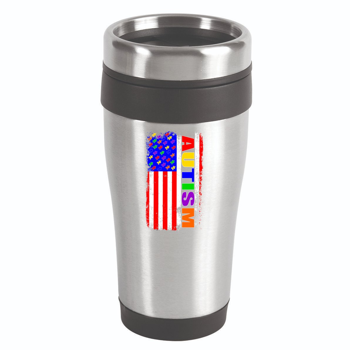 Autism Awareness USA Puzzle Rainbow Flag 16oz Travel Tumbler