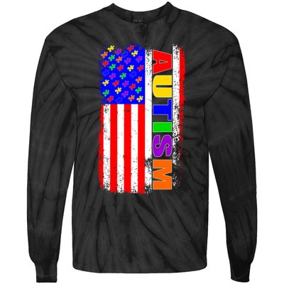 Autism Awareness USA Puzzle Rainbow Flag Tie-Dye Long Sleeve Shirt