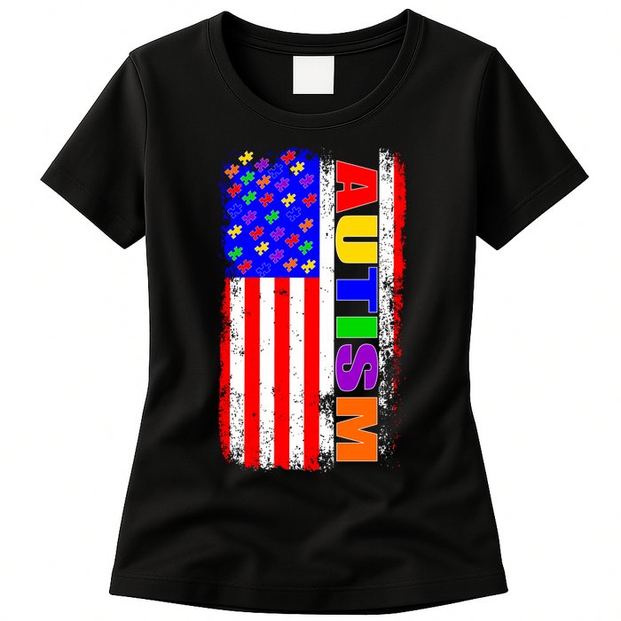 Autism Awareness USA Puzzle Rainbow Flag Womens T-Shirt